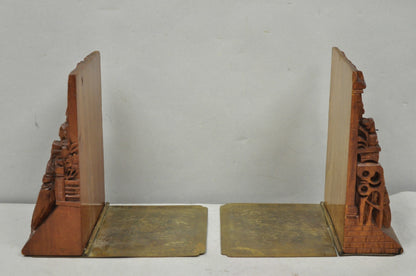 Vintage Chinese Hand Carved Hard Wood Scholar Bookends by George Zee - a Pair