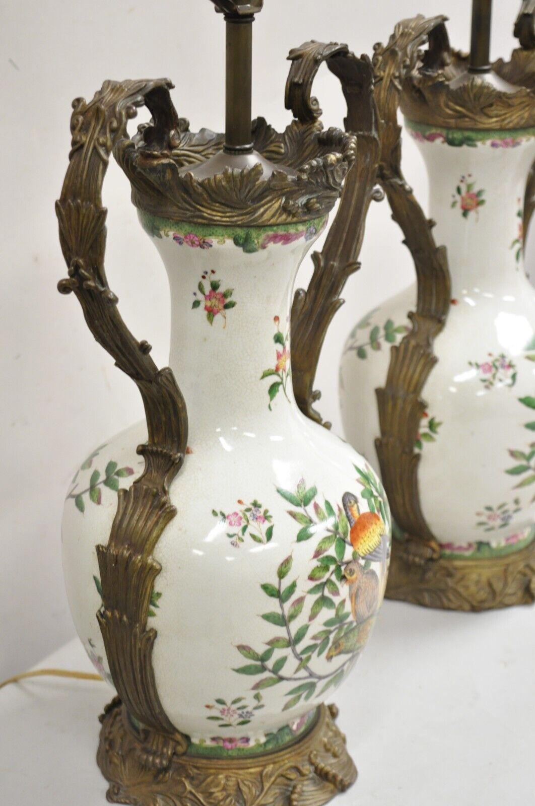 Vintage Chinoiserie Porcelain & Bronze French Louis XV Style Table Lamps - Pair