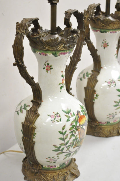 Vintage Chinoiserie Porcelain & Bronze French Louis XV Style Table Lamps - Pair