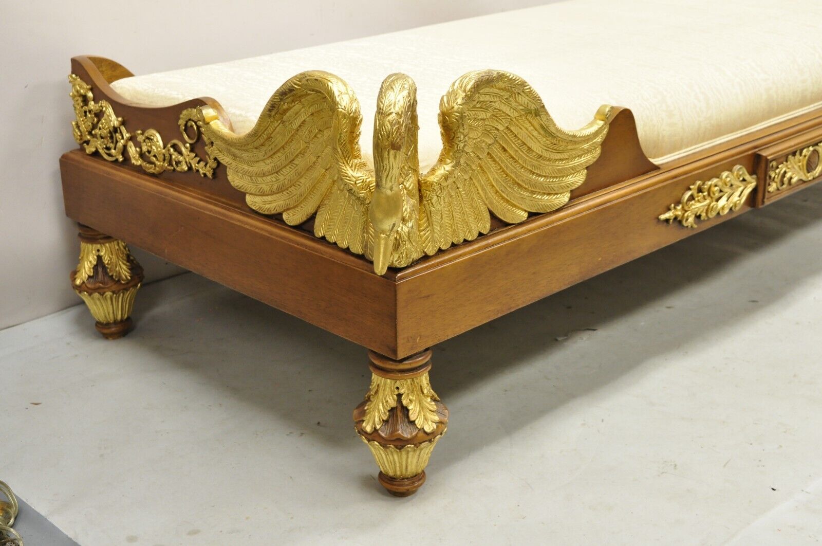 Vintage French Neoclassical Style Swan & Rams Recamier Daybed Chaise Lounge Sofa