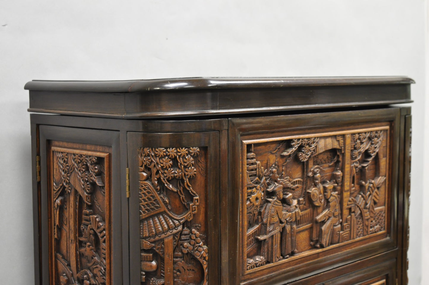 Vintage J L George Zee Chinese Figural Carved Teak Wood Flip Top Dry Bar Cabinet