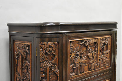 Vintage J L George Zee Chinese Figural Carved Teak Wood Flip Top Dry Bar Cabinet
