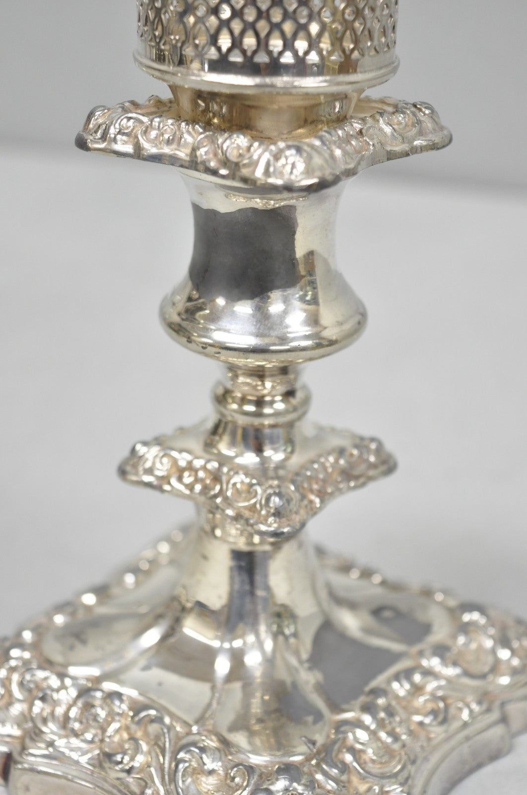 Antique Victorian Silver Plated Glass Hurricane Lamp Shade Candlestick - Pair