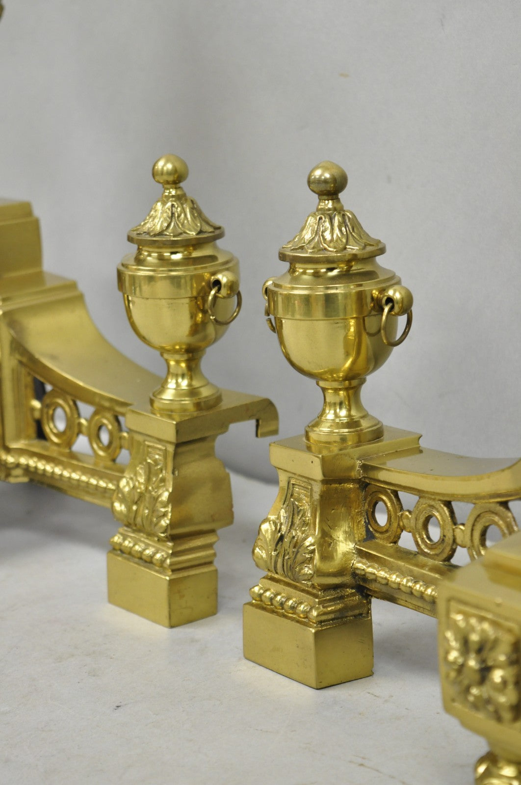 Vintage French Empire Style Gold Brass Urn Fireplace Chenet Andirons - a Pair