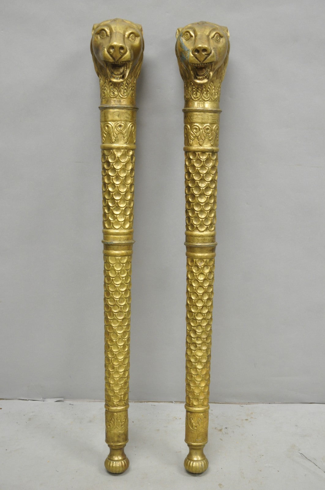 Vintage Italian Regency Neoclassical Large Brass Lion Sconce Door Handles Pair