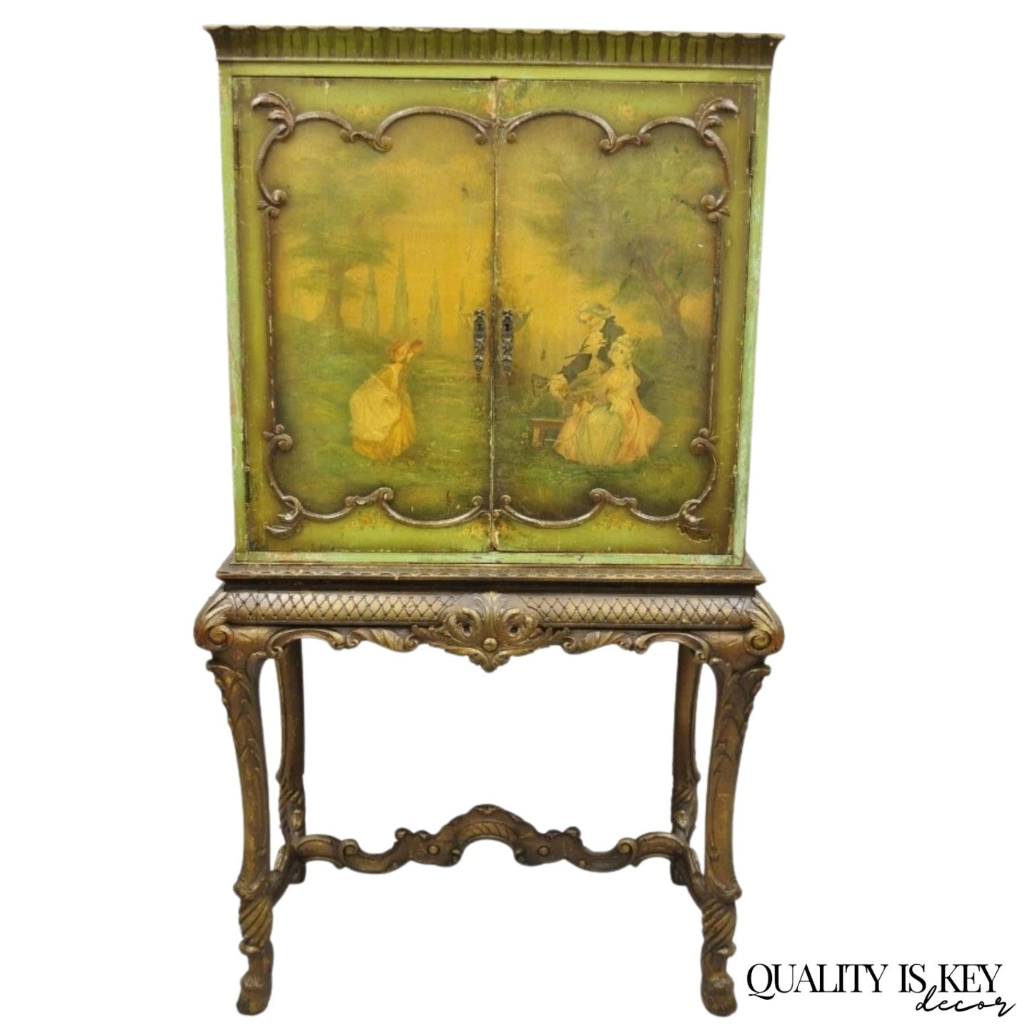 Antique French Renaissance Green Distress Painted Radio Cabinet Bar Cupboard