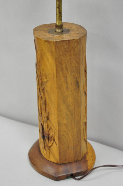 Antique Chinese Carved Solid Teak Wood Block Bamboo Chute Table Lamp