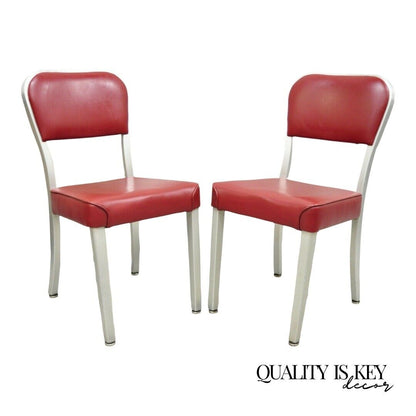 Vintage Brushed Aluminum Red Upholstered Emeco Navy Style Side Chairs -  a Pair