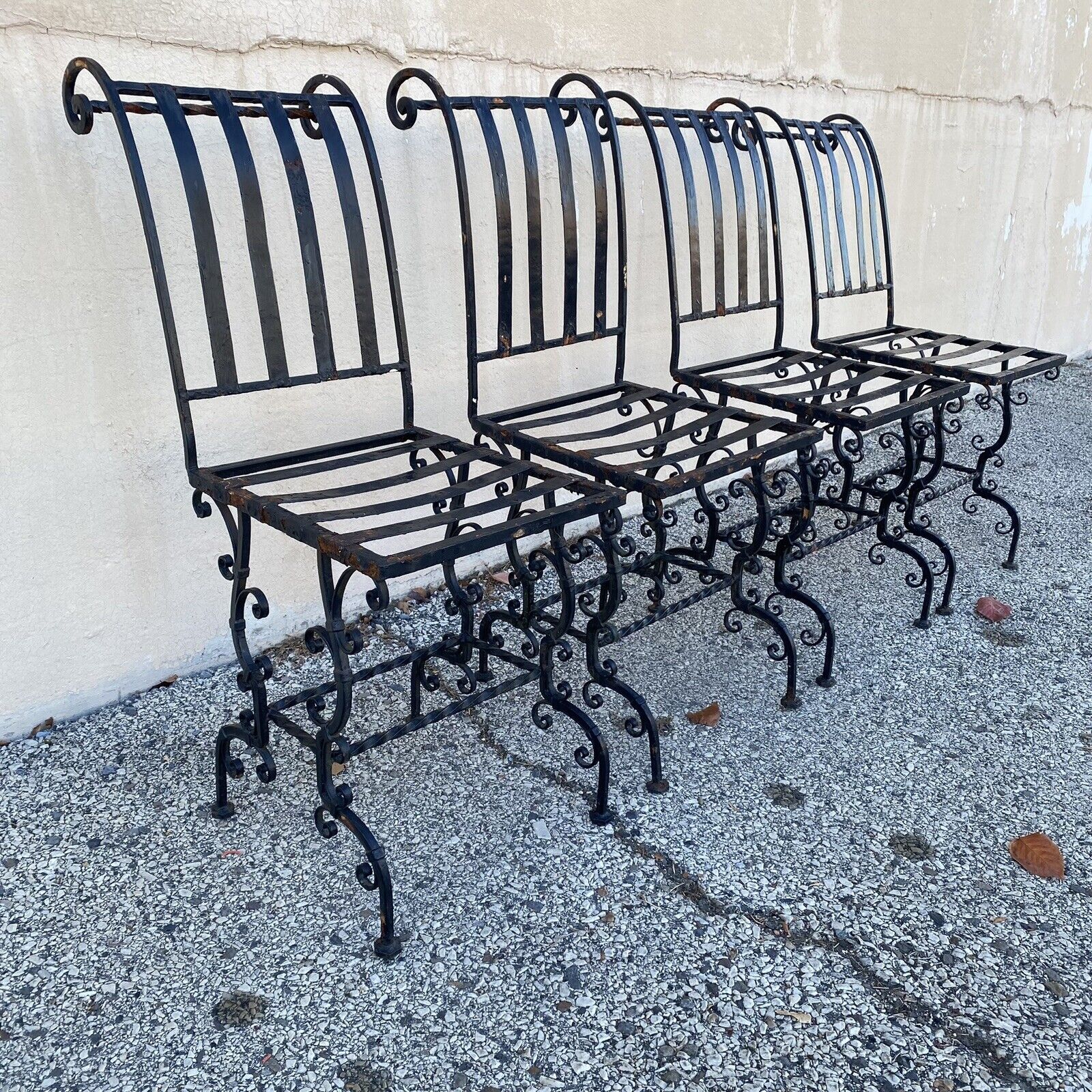 Antique French Art Nouveau Scrolling Iron Garden Patio Side Chairs - Set of 4