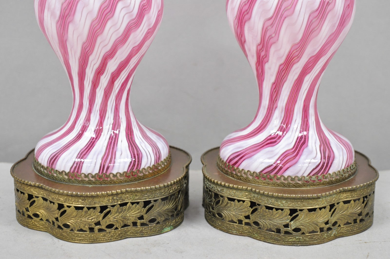 Vintage Italian Latticino Murano Pink Ribbon Swirl Glass Small Table Lamp - Pair