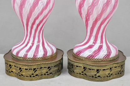 Vintage Italian Latticino Murano Pink Ribbon Swirl Glass Small Table Lamp - Pair