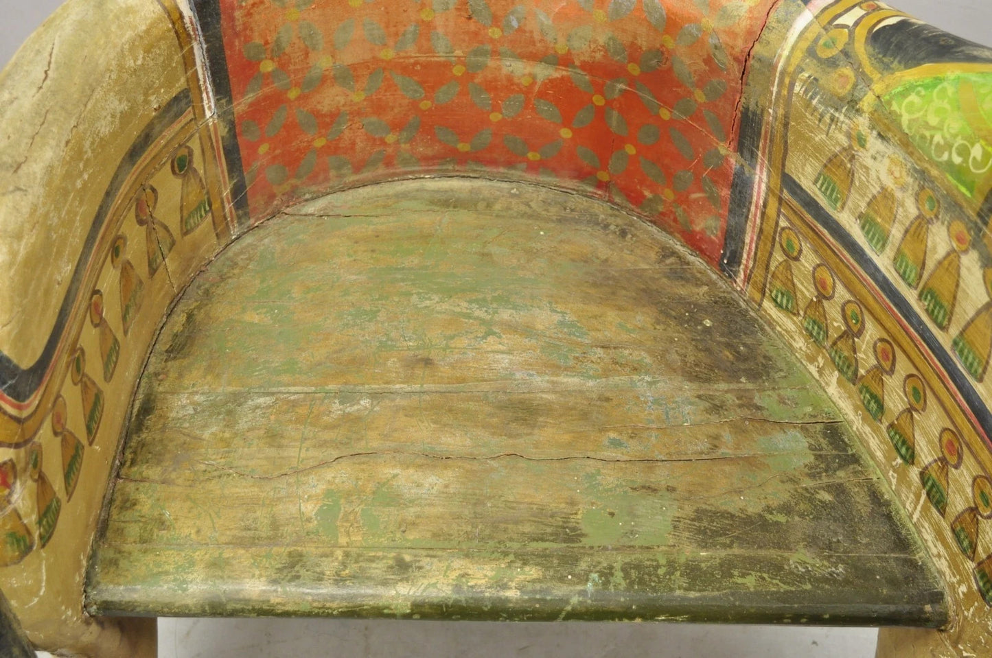 Vintage Figural Primitive Solid Carved Wood Red & Green Horse Bench Seat Chair