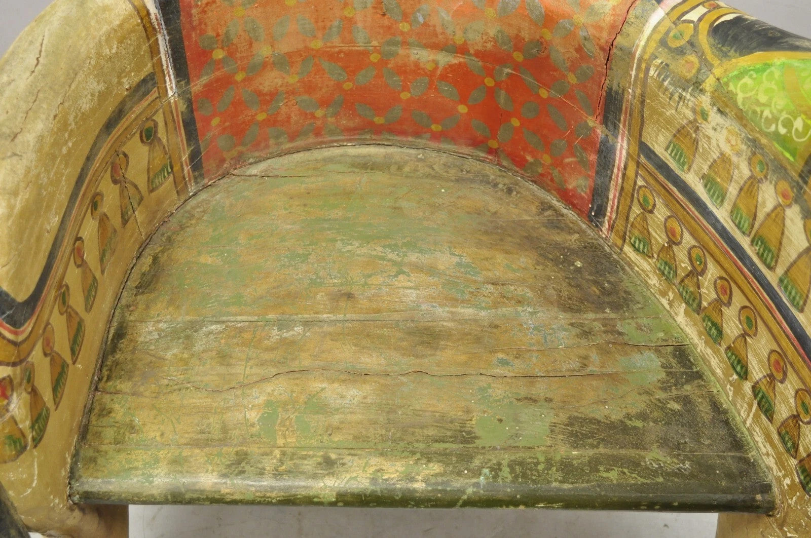 Vintage Figural Primitive Solid Carved Wood Red & Green Horse Bench Seat Chair