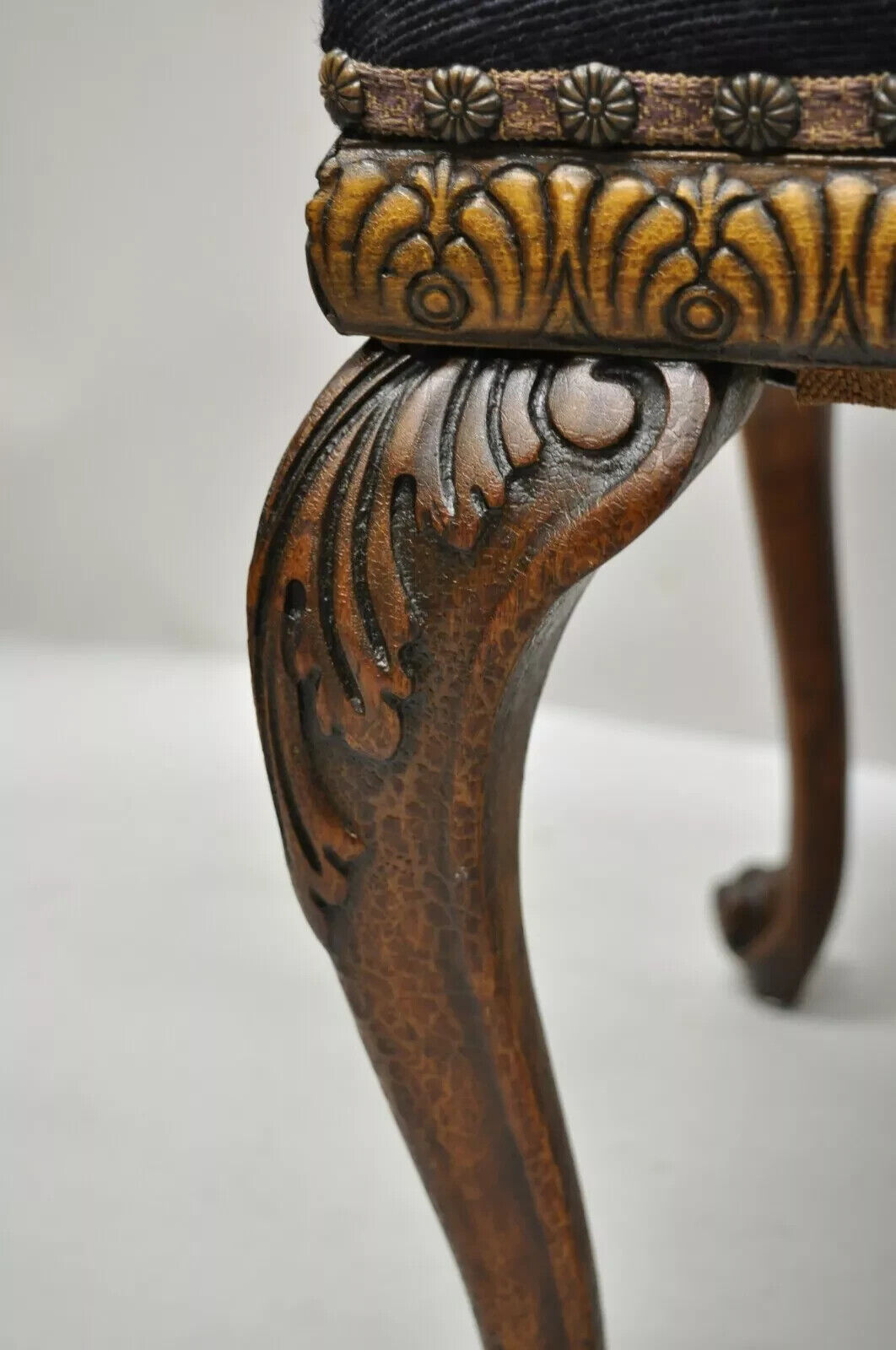 Antique French Victorian Needlepoint Carved Mahogany Cabriole Leg Bench