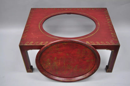 Vintage Chinoiserie Red Oriental Coffee Table with Tole Metal Serving Tray Top