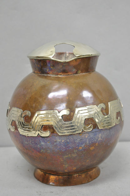 Vintage Artesanias Taxco Mexico Primitive Water Pitcher Silver Mounted Copper