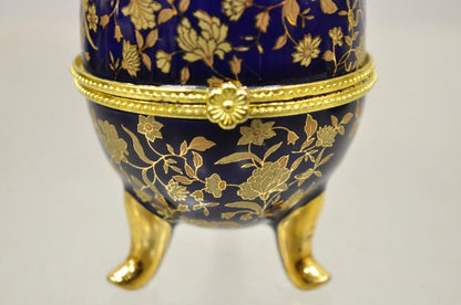 Vintage Cobalt Blue Porcelain Egg Gold Gilt Hinged Lid Candle Trinket Box - 2 Pc