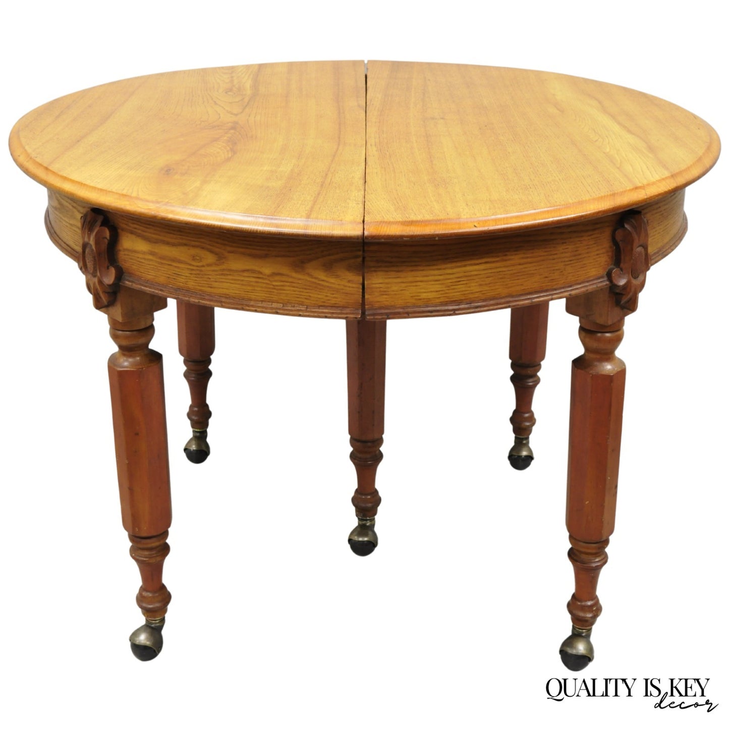 Antique English Victorian Oak & Elm Wood Round Extension Dining Table w 3 Leaves