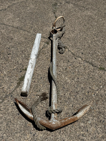 Antique English Victorian Maritime Cast Iron Large Boat Ship's Anchor and Rope