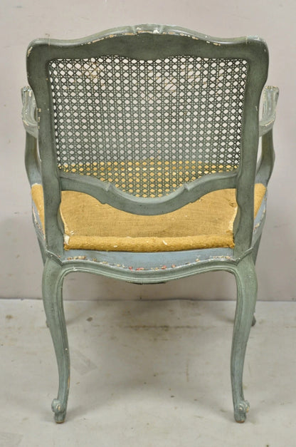 Antique French Louis XV Style Blue Painted Cane Back Fauteuil Arm Chairs - Pair