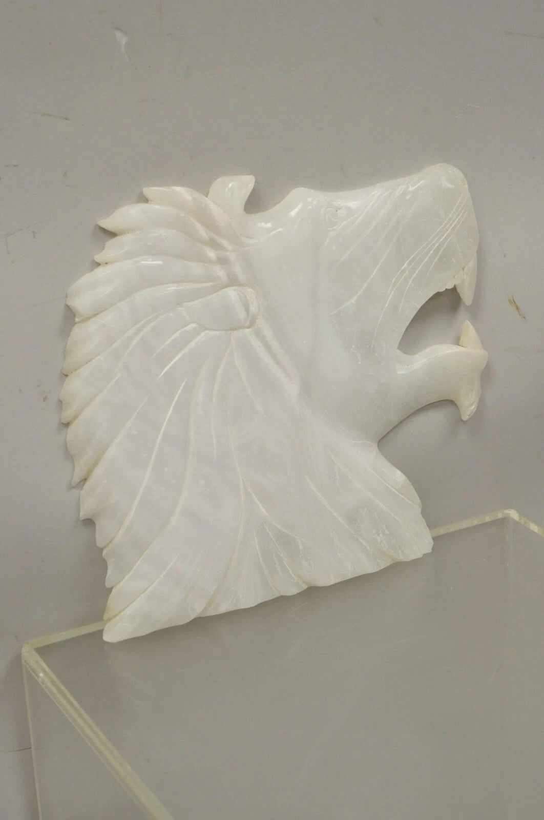 Vintage Italian Carved White Alabaster Lion Head Sculpture Statue Figure (B)
