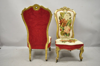 Antique French Victorian Gold Gilt Rococo Revival Slipper Parlor Chairs - a Pair