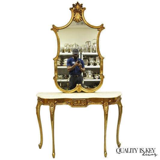 Vintage French Louis XV Victorian Style Gold Gilt Console Table & Mirror - 2 Pcs