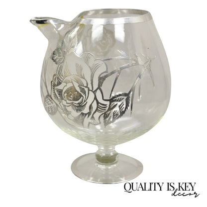 Vintage Art Nouveau Floral Sterling Silver Overlay Glass Footed Water Pitcher