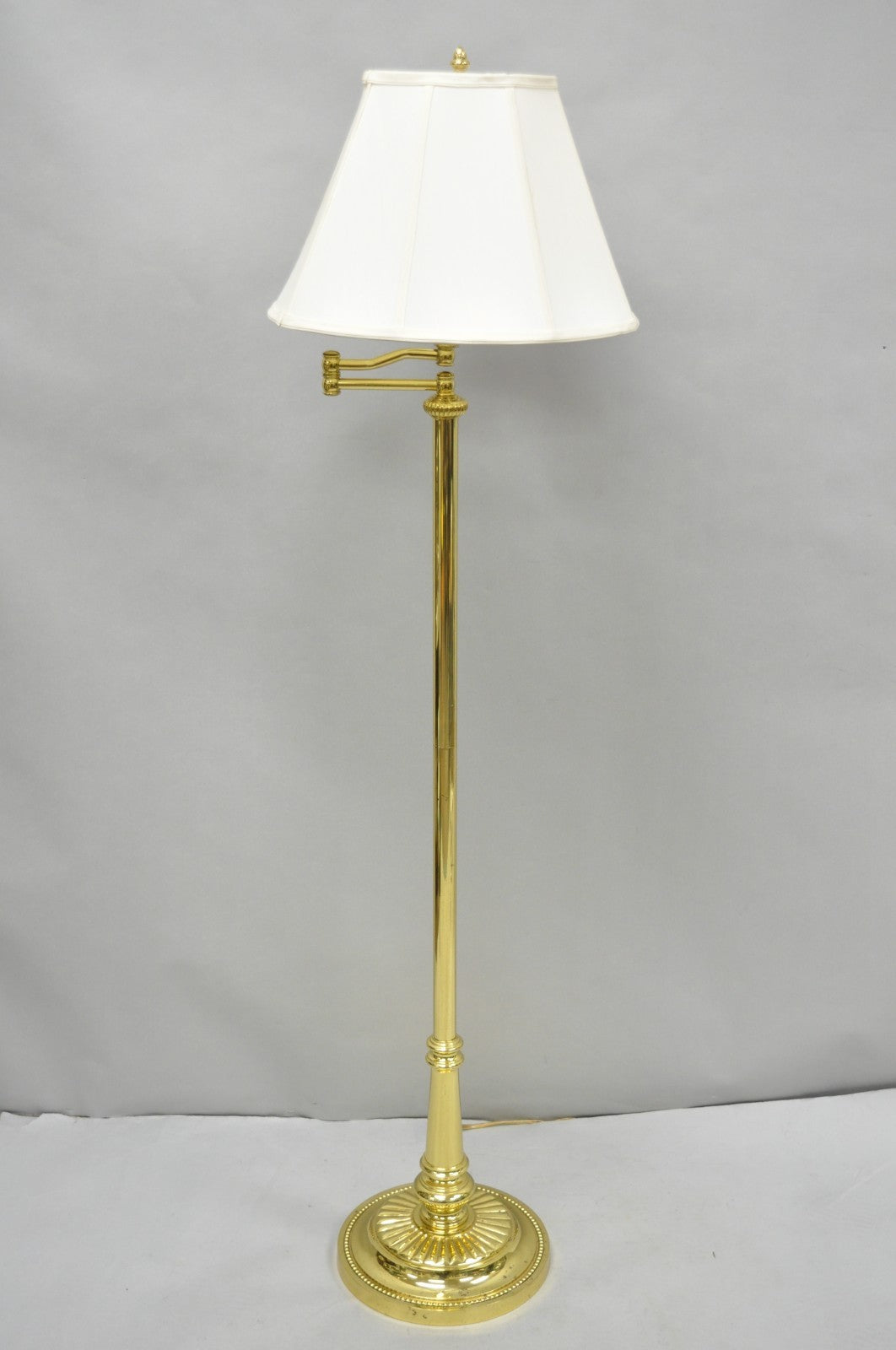 Vintage Traditional Polished Brass Swing Arm Reading Pole Floor Lamp w/ Shade