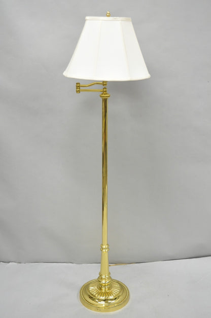 Vintage Traditional Polished Brass Swing Arm Reading Pole Floor Lamp w/ Shade