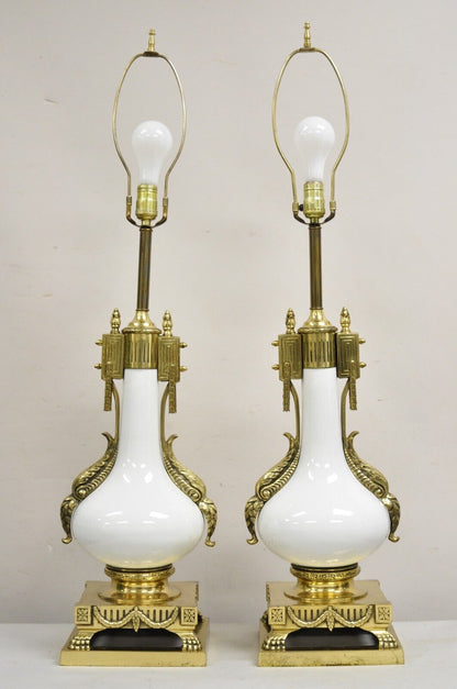 Vintage French Empire Neoclassical White Porcelain Brass Ormolu Table Lamp Pair