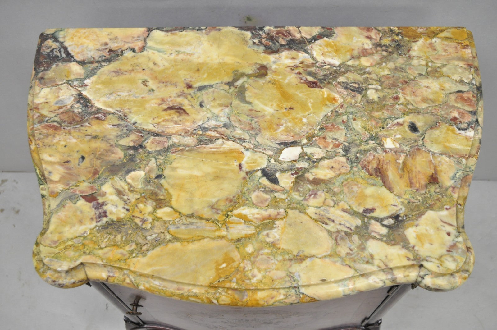 Antique French Louis XV Style Marble Top Satinwood Inlay Bombe Nightstand Table