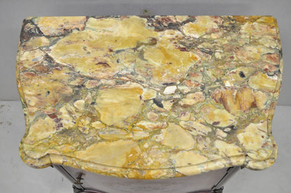 Antique French Louis XV Style Marble Top Satinwood Inlay Bombe Nightstand Table