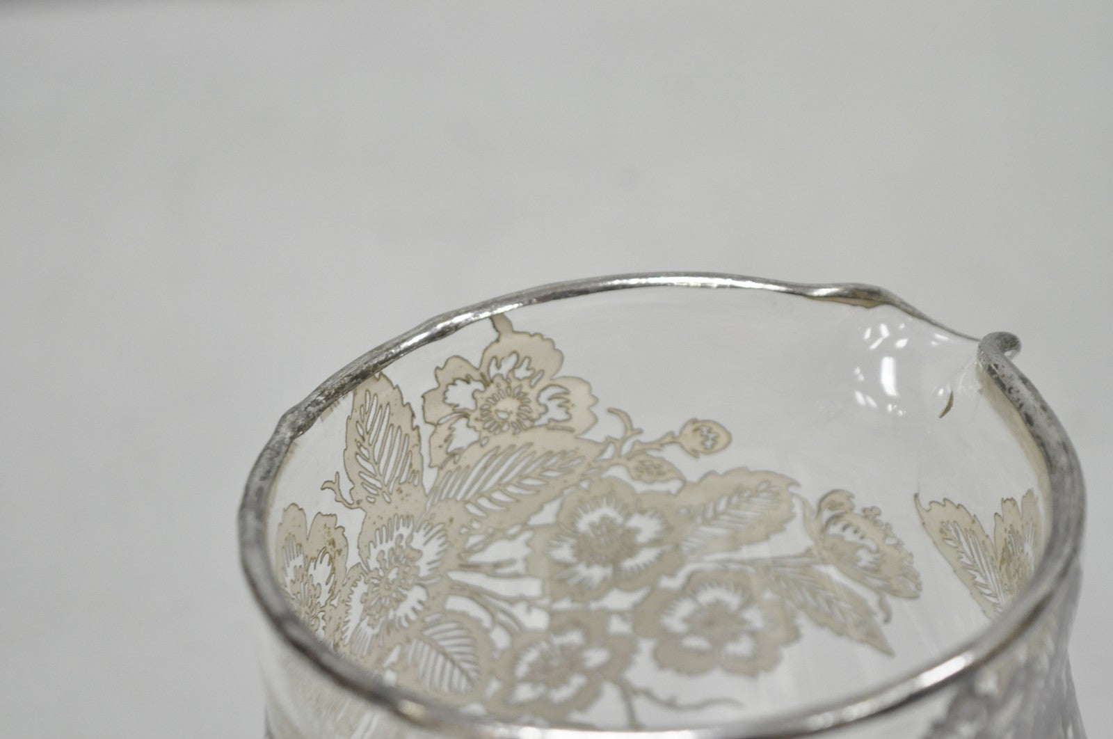 Vintage Art Nouveau Floral Sterling Silver Overlay Crystal Glass Water Pitcher
