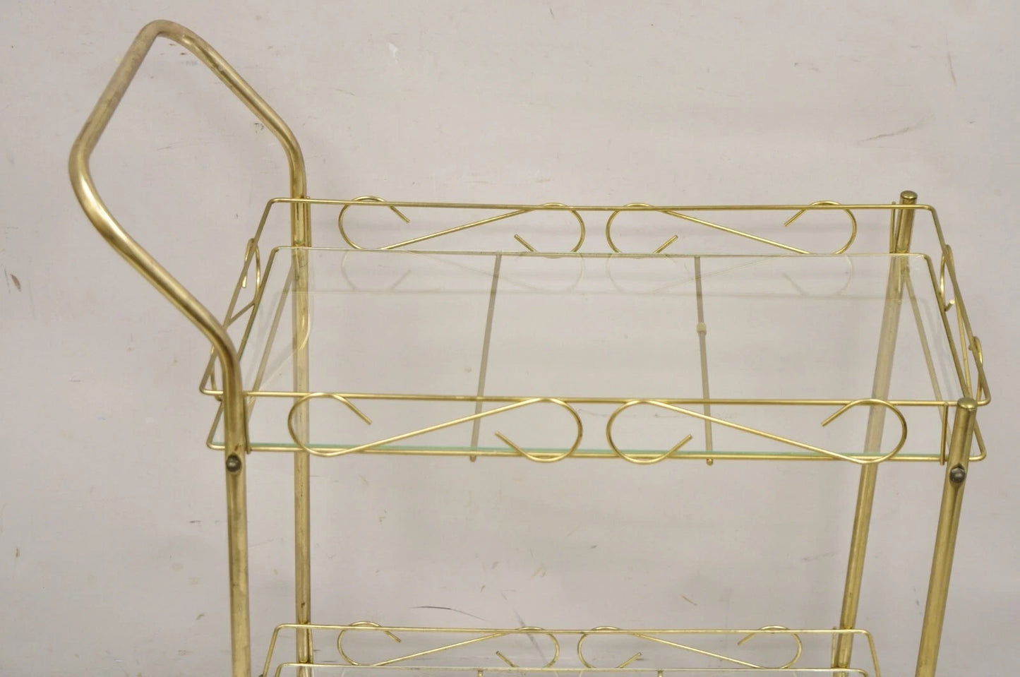 Vintage Mid Century Modern Gold Metal 2 Tier Rolling Bar Tea Cart Server