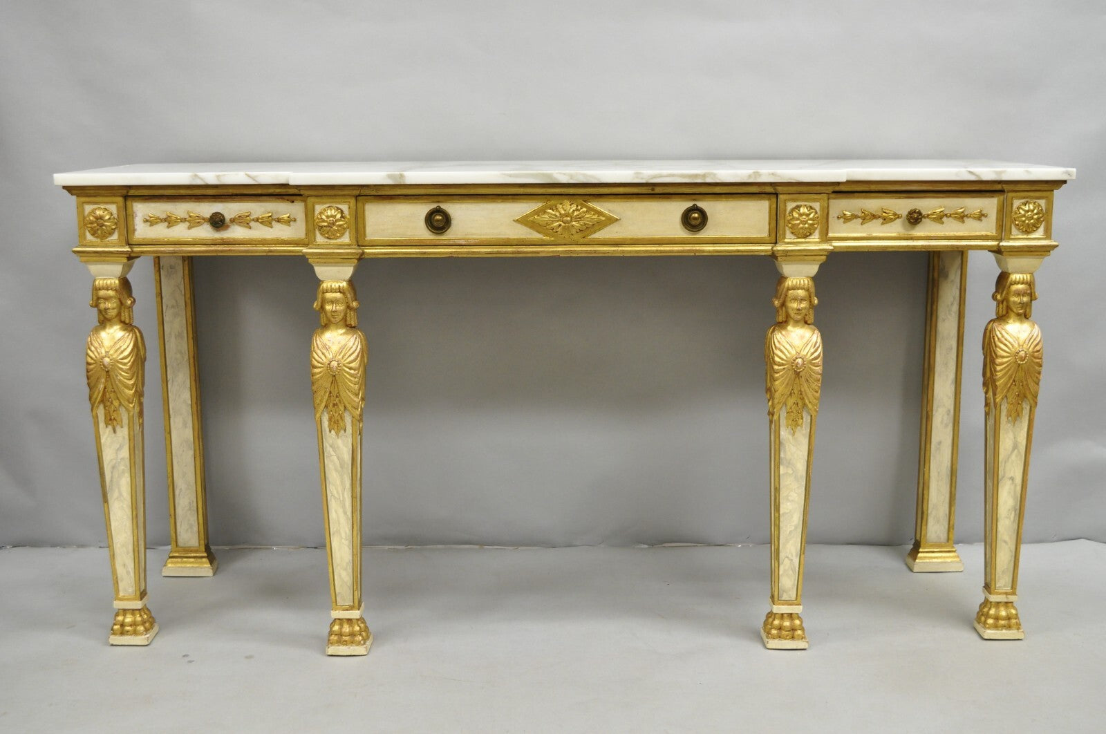 Antique Italian Neoclassical Cream & Gold Marble Top Figural Long Console Table