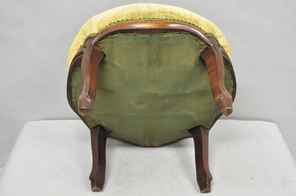 Antique Victorian Carved Mahogany Green Mohair Fabric Round Footstool Ottoman