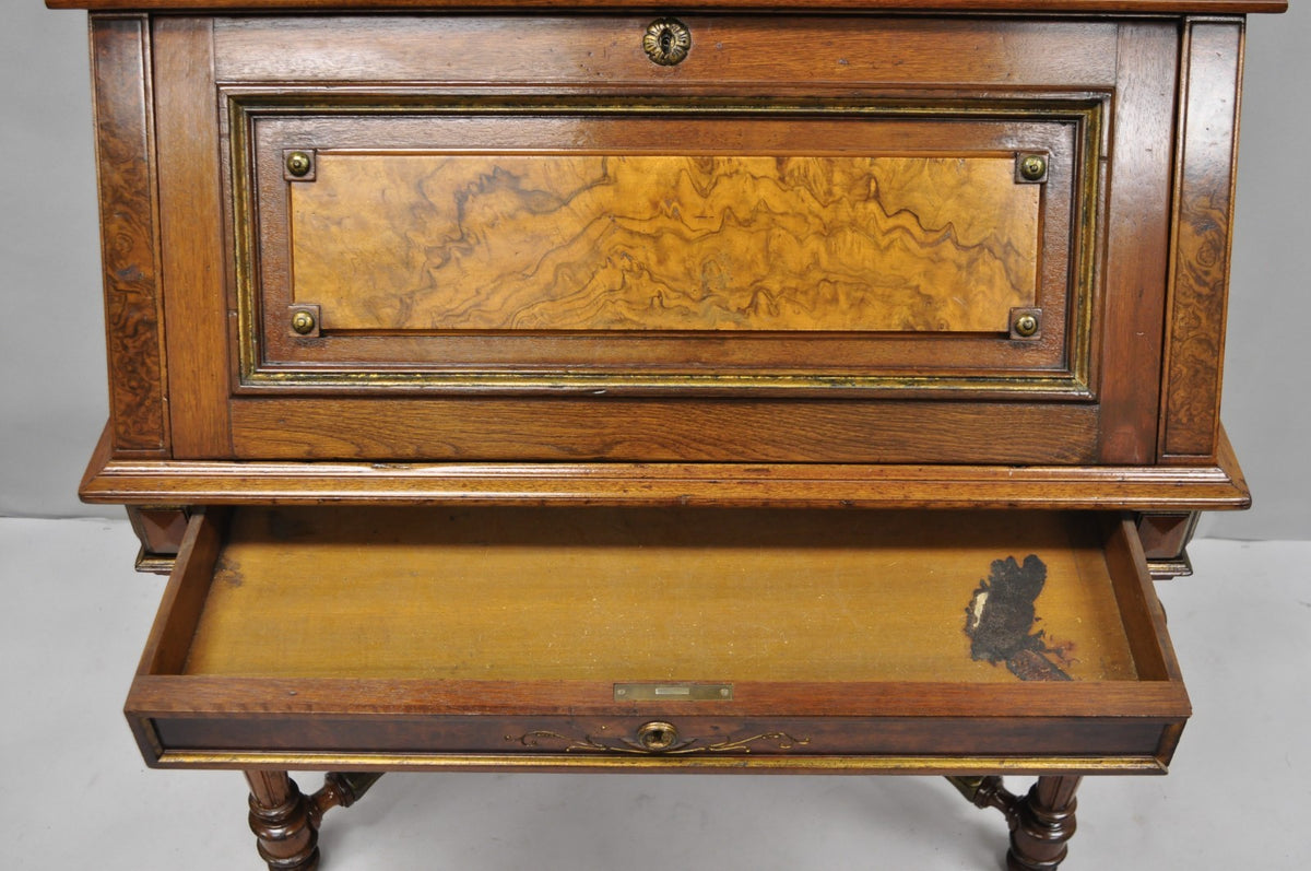 Antique Victorian Burl Walnut Slant Front Secretary Writing Desk with Mirror