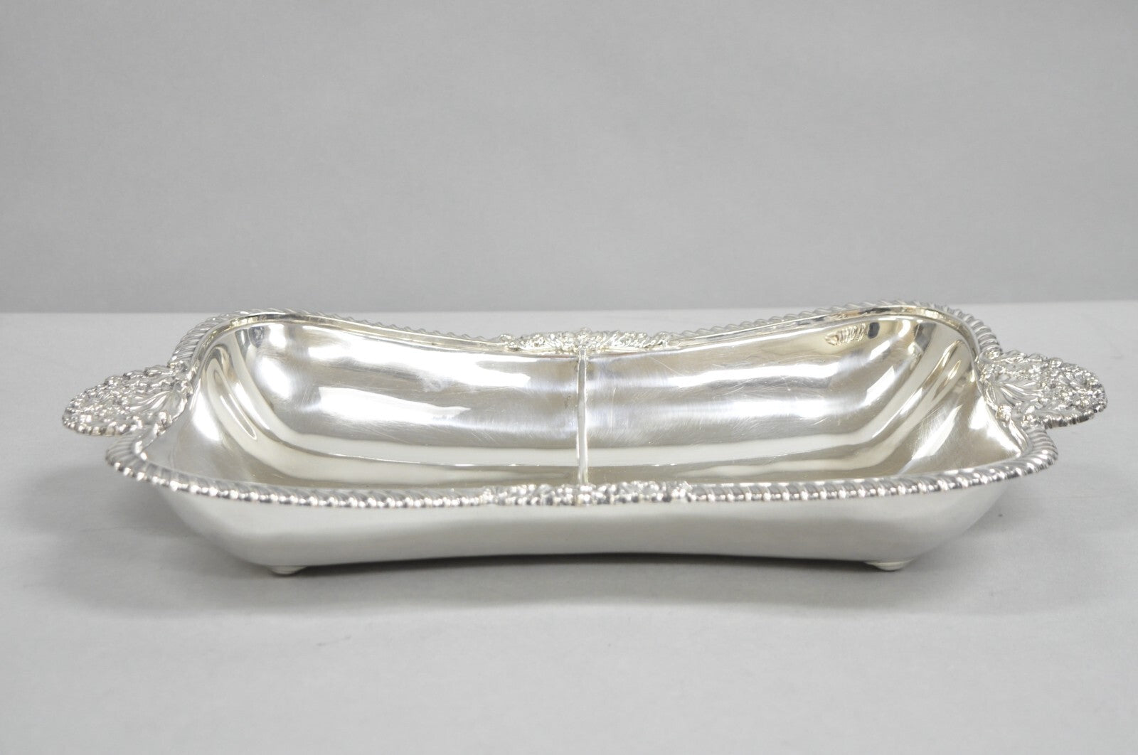 Antique English Victorian Scalloped Silver Plated Serving Dish Platter w Divider
