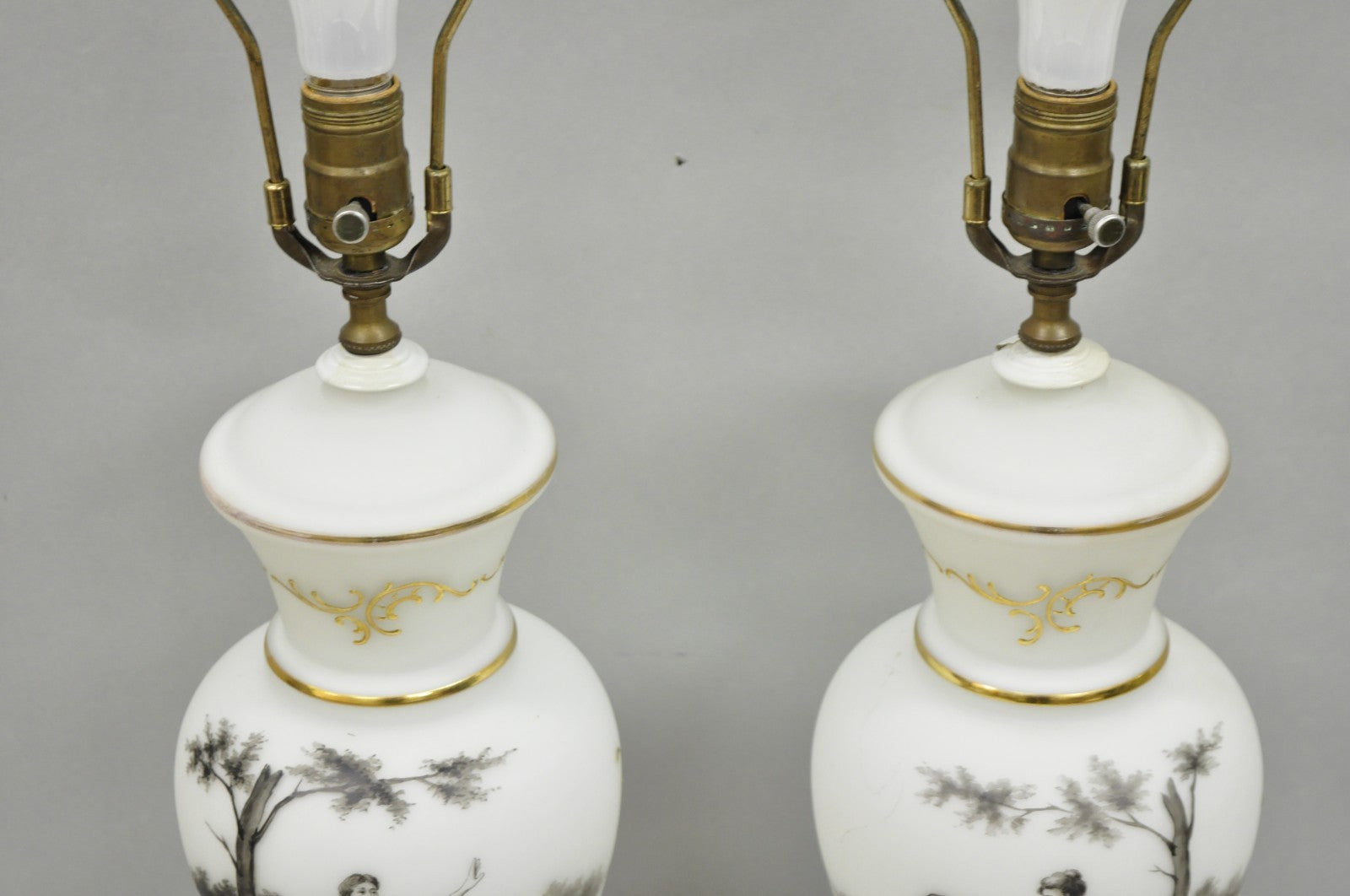 Vintage French Country Renaissance Frosted Glass Urn "Courting" Table Lamp, Pair