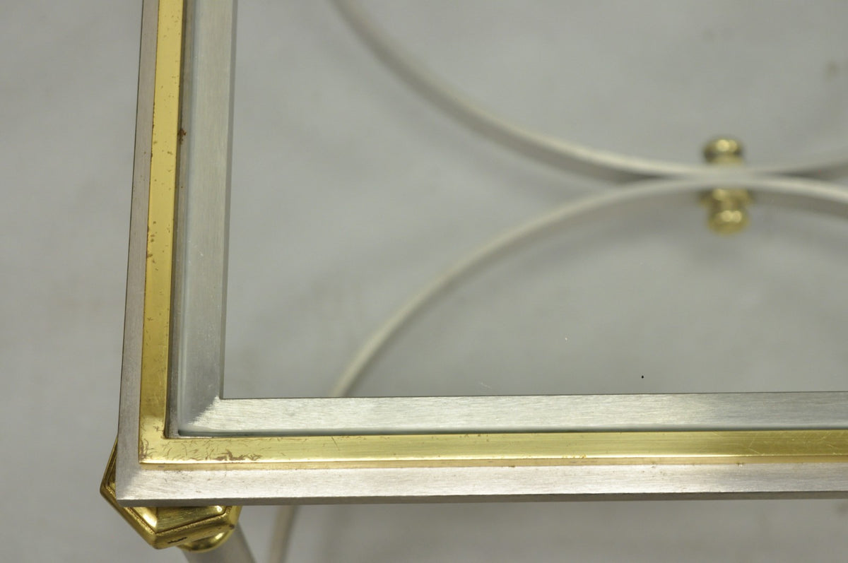 Vintage French Directoire Maison Jansen Style Steel Brass Low Square Side Table