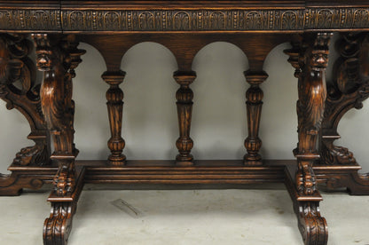 Antique Italian Renaissance Figural Carved Griffin Oak Flip Top Library Table