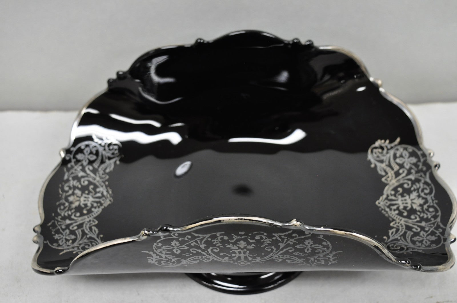 Vintage Rockwell Black Amethyst Glass Sterling Silver Overlay Centerpiece Dish