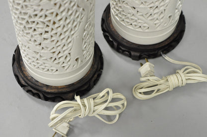 Chinoiserie White Blanc De Chine Porcelain Cherry Blossom Table Lamp - a Pair
