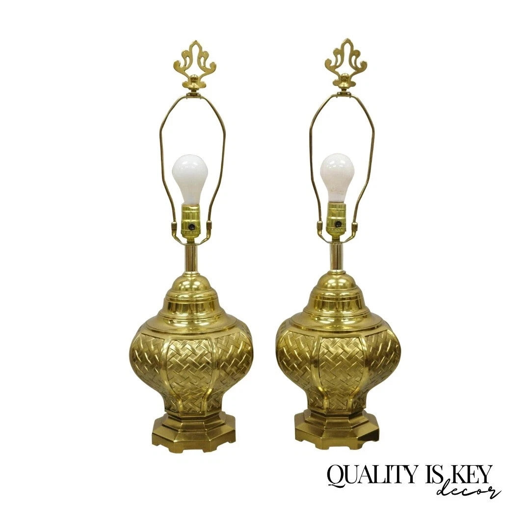 Vintage Hollywood Regency Brass Woven Basket Basketweave Table Lamps - a Pair