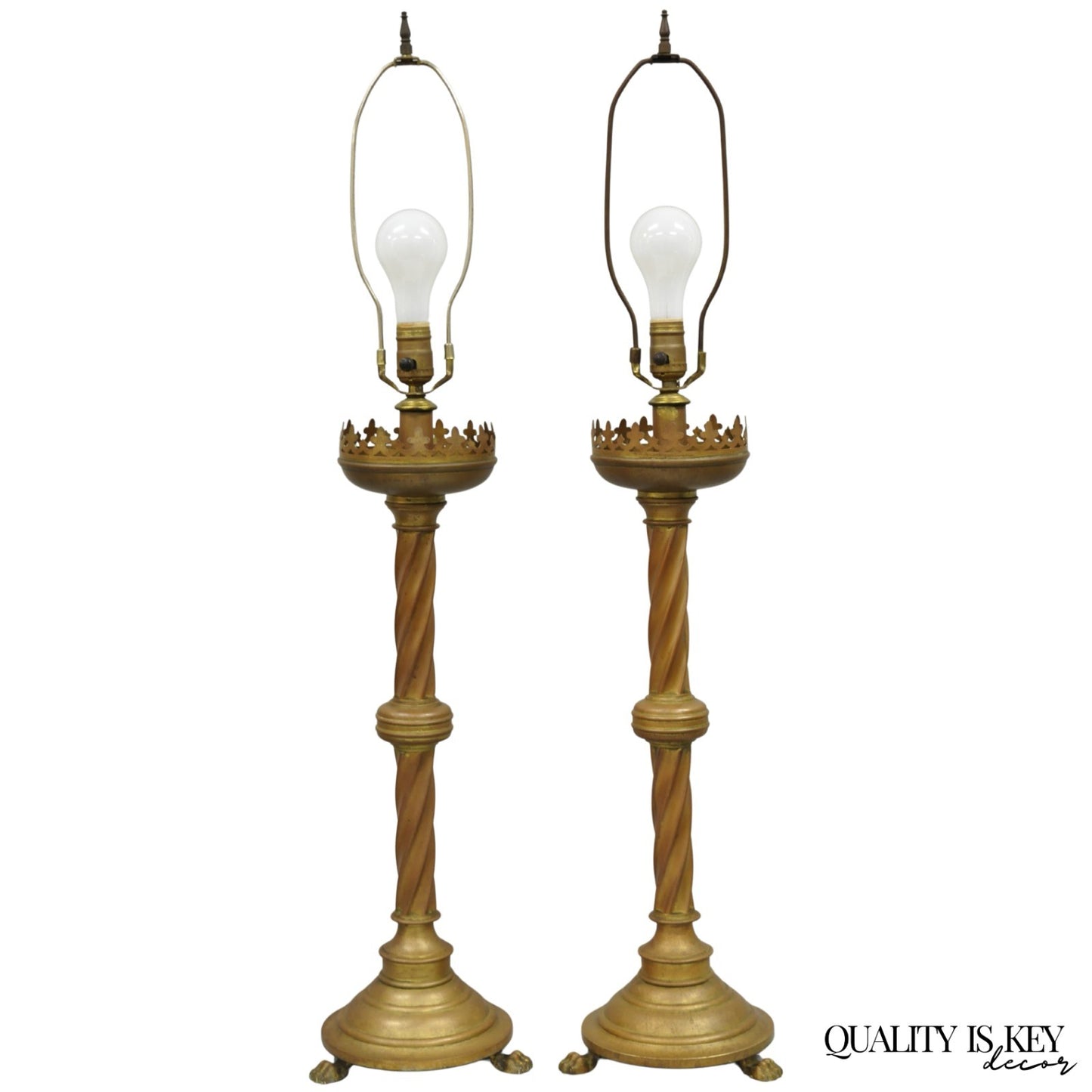 Antique English Renaissance Gothic Patinated Brass Candlestick Table Lamps Pair