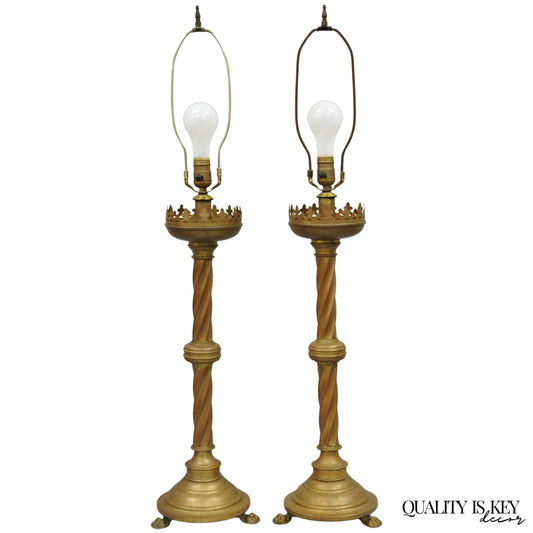 Antique English Renaissance Gothic Patinated Brass Candlestick Table Lamps Pair