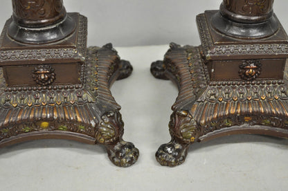 Antique French Empire Brown Painted Column Small Metal Table Lamps - a Pair