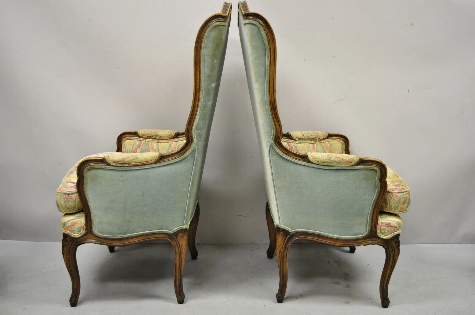 Vintage French Country Provincial High Back Walnut Arm Chairs (B) - a Pair