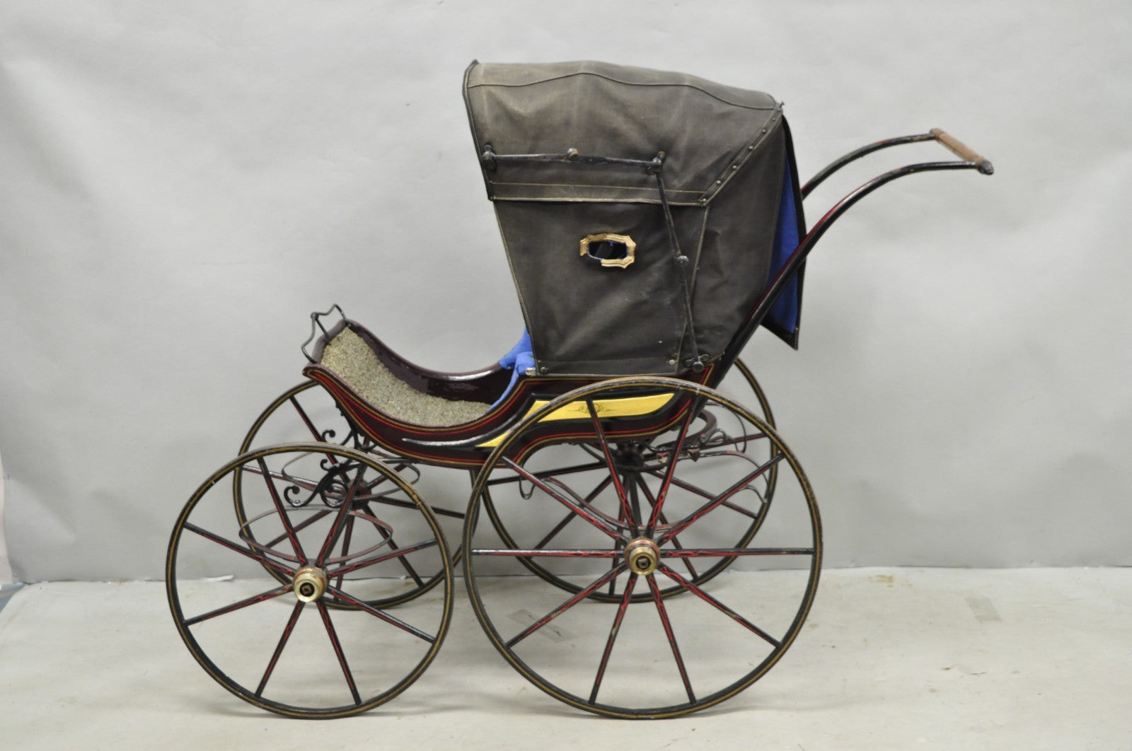 Antique Victorian Hand Painted Baby Carriage Buggy Stroller with Wooden Wheels